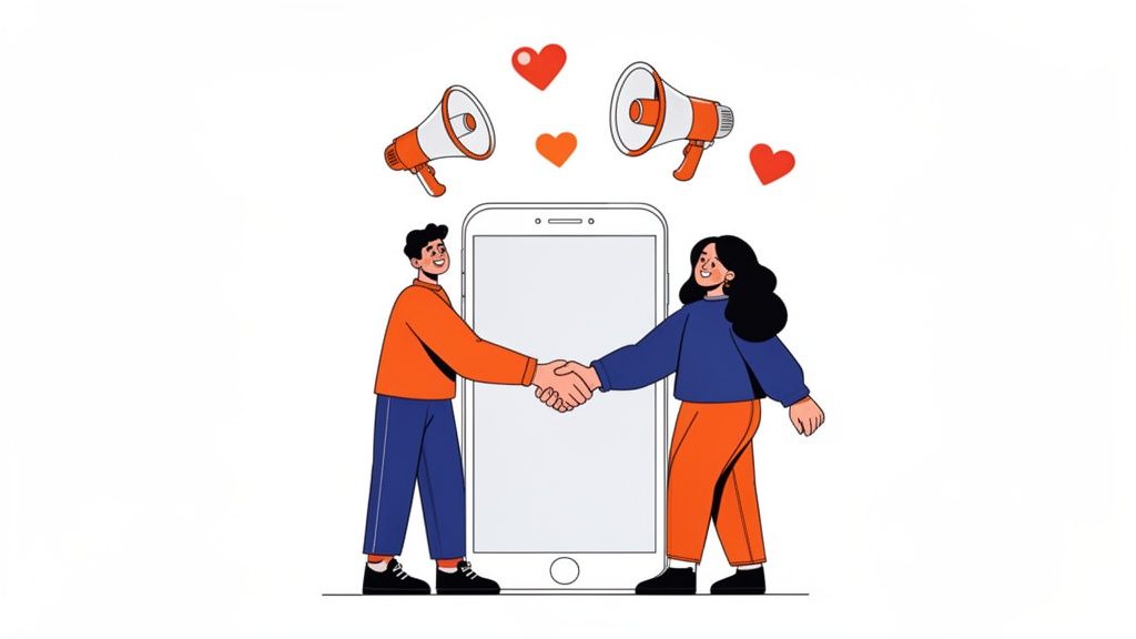 Illustration of two individuals shaking hands by a smartphone, surrounded by marketing and love symbols.
