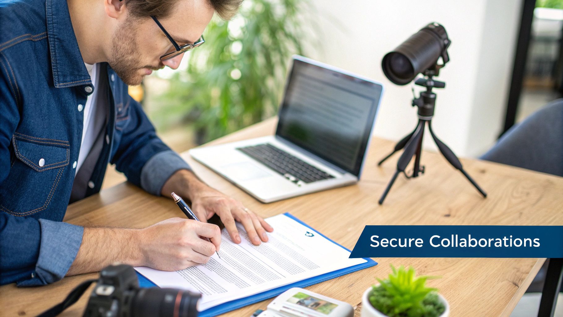 A content creator reviewing a contract on a laptop with a brand manager.