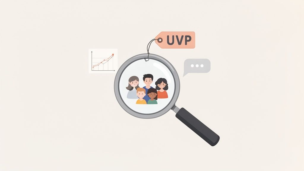 Image depicting audience research and market analysis to identify a unique value proposition for consumers.