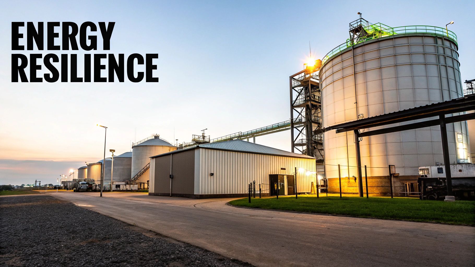An industrial facility with large storage silos and buildings illuminated at dusk, featuring 'ENERGY RESILIENCE' text.