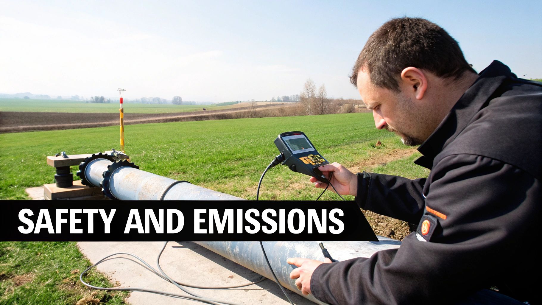 An aerial view of a natural gas pipeline cutting through a green, forested landscape