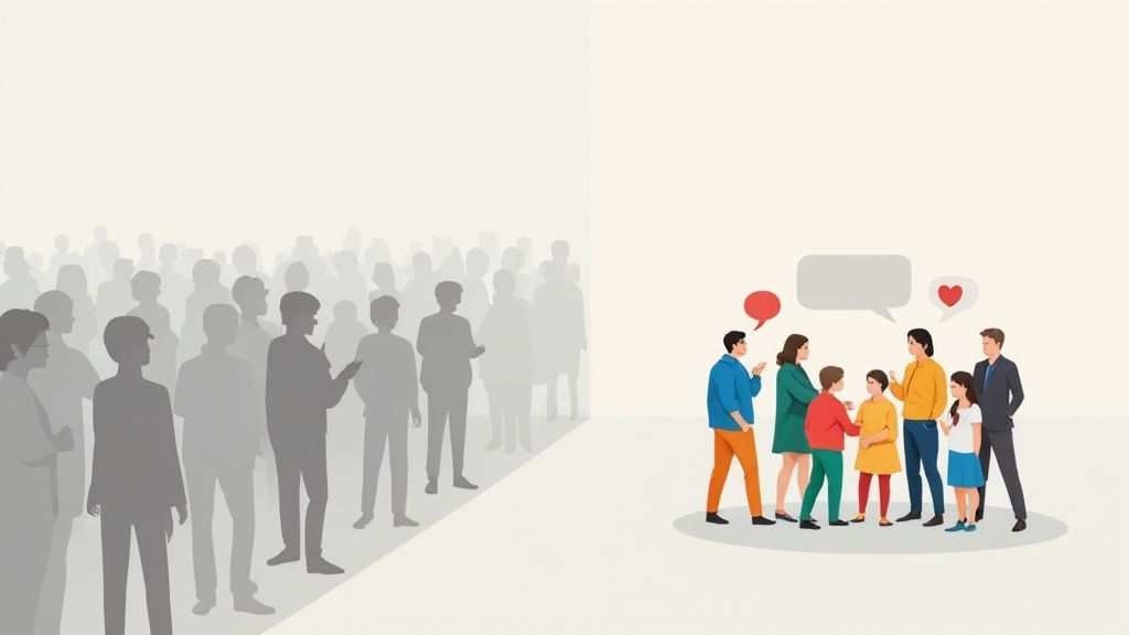 A clear distinction between a large, blurry, anonymous crowd and a small, colorful, interacting group with speech bubbles, illustrating the concept of a high instagram interaction rate.