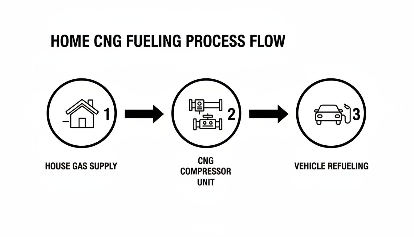 Flowchart illustrating the home CNG fueling process: house gas supply, CNG compressor, and vehicle refueling.