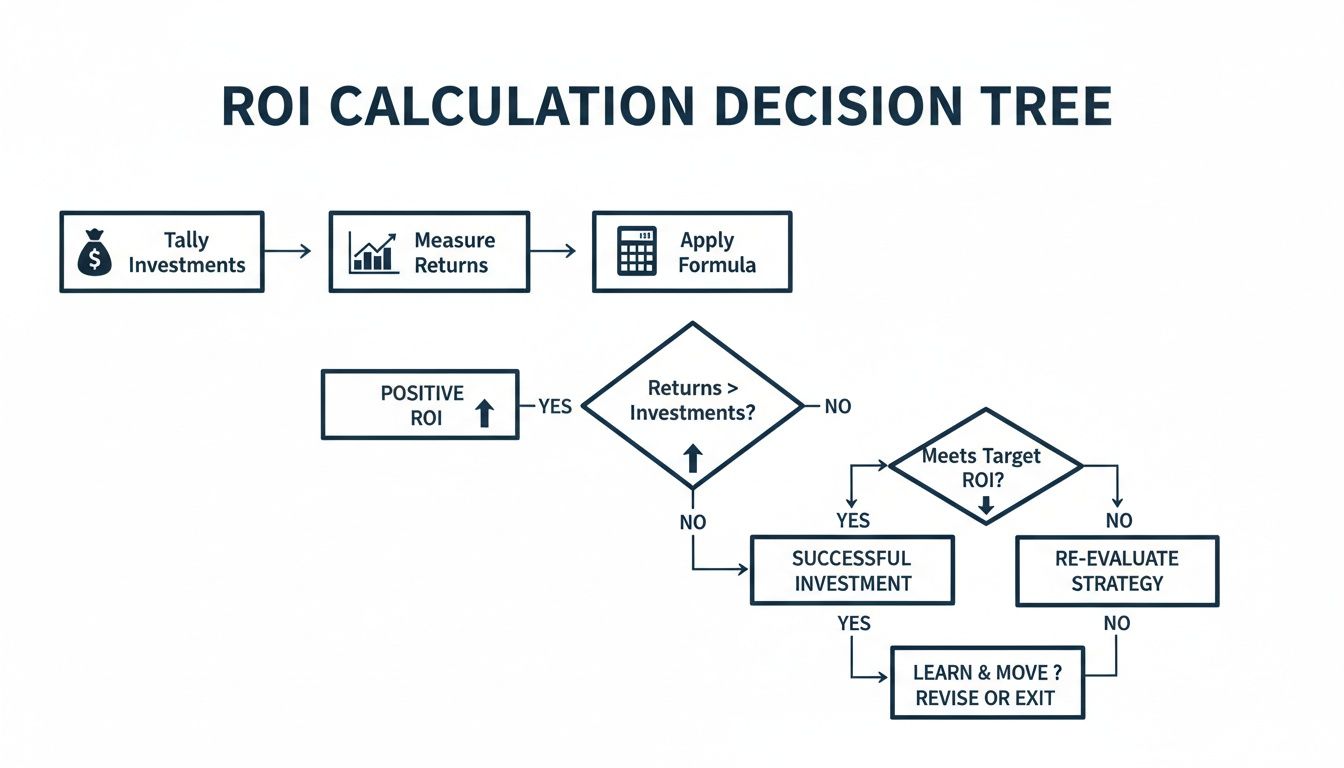 Flowchart illustrating the ROI calculation process and investment decision-making tree, a key step for the ROI of influencer marketing.