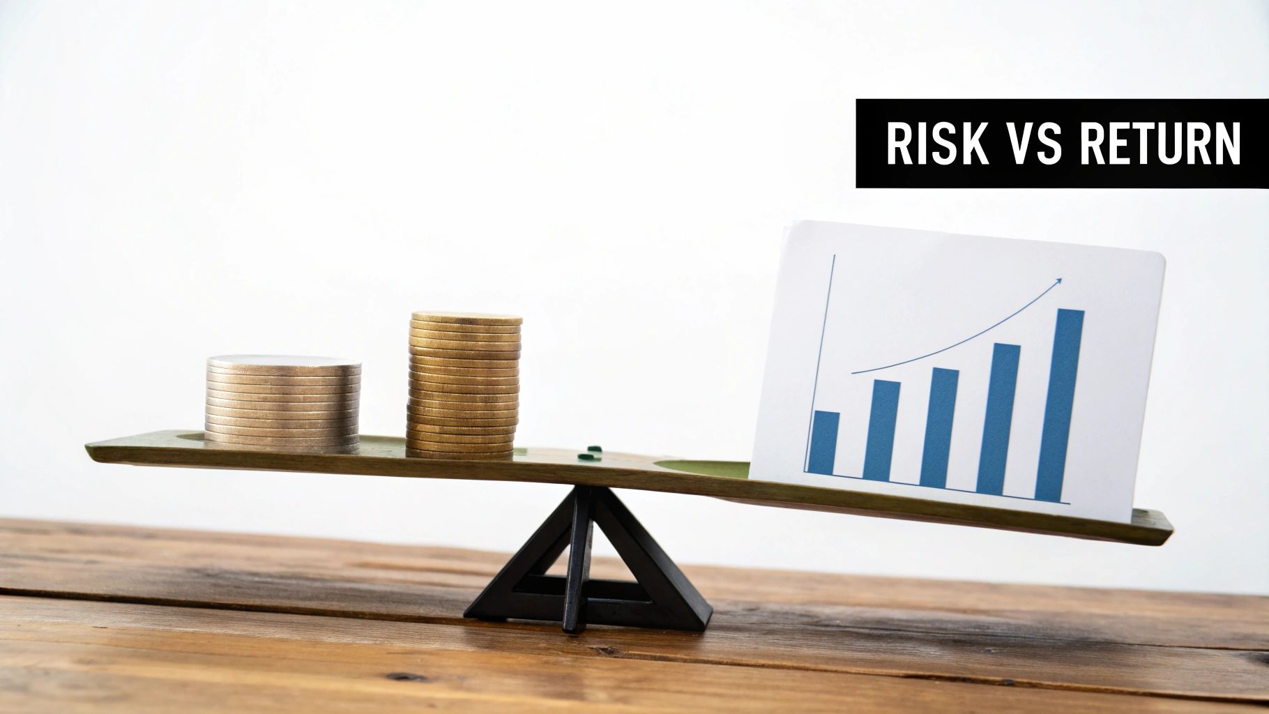 A balance scale depicts coins representing risk against a rising bar chart symbolizing investment return.