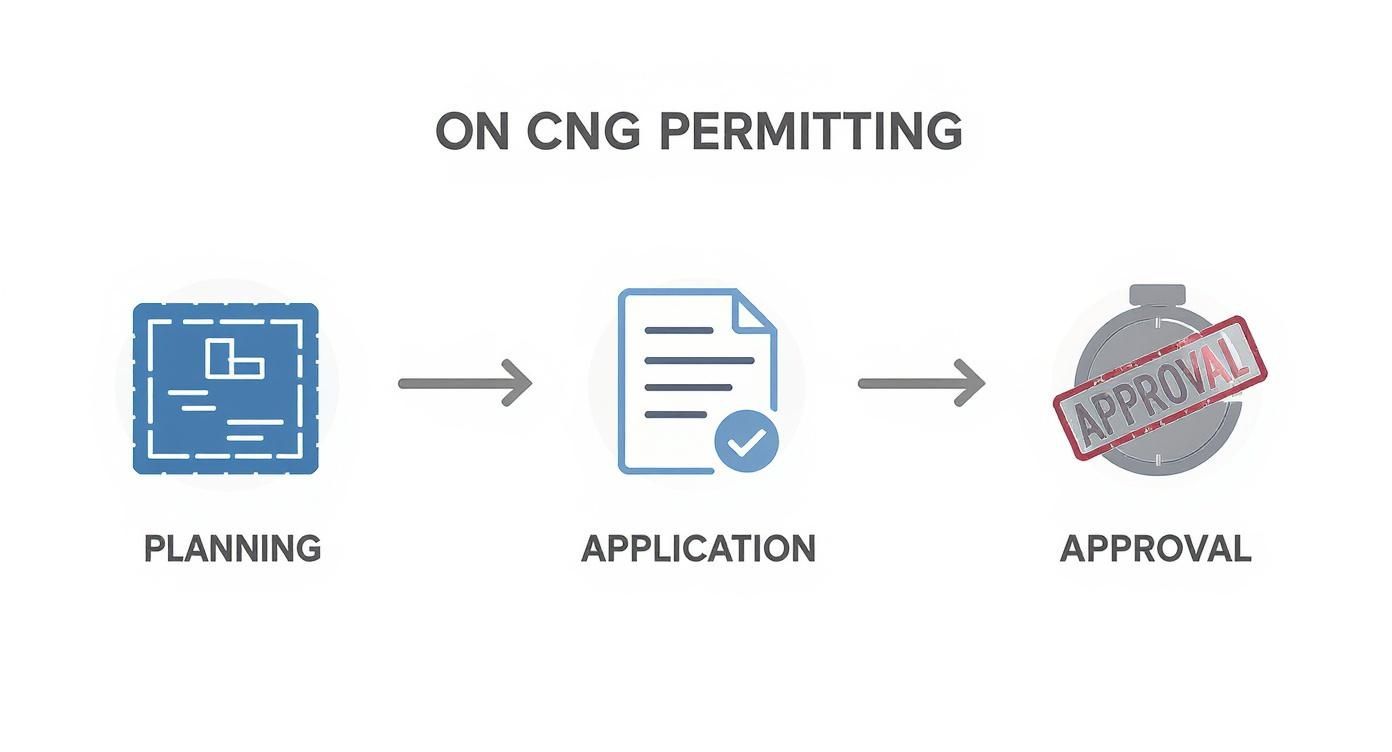Three-step CNG permitting process diagram showing planning, application submission, and approval stages with icons