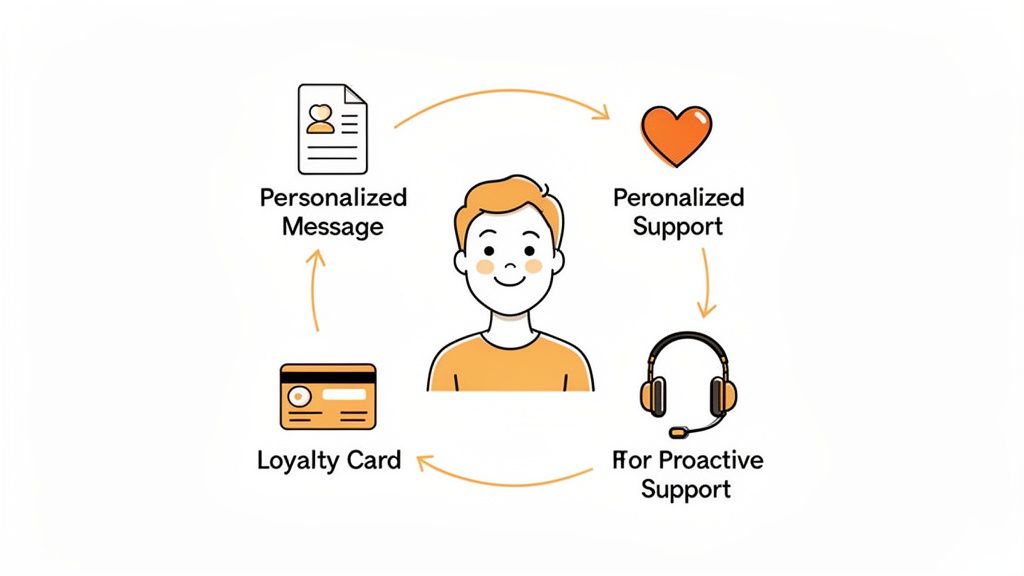 Diagram showing a customer at the center, surrounded by a cycle of personalized messages, support, proactive service, and a loyalty card.