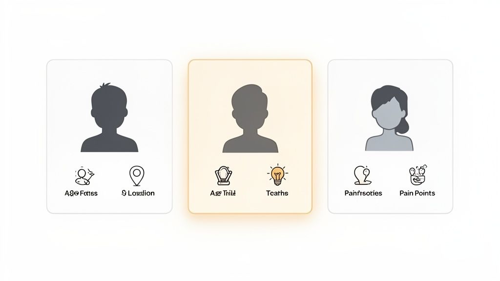 Three cards displaying customer profiles with icons for age, location, attributes, learnings, priorities, and pain points.