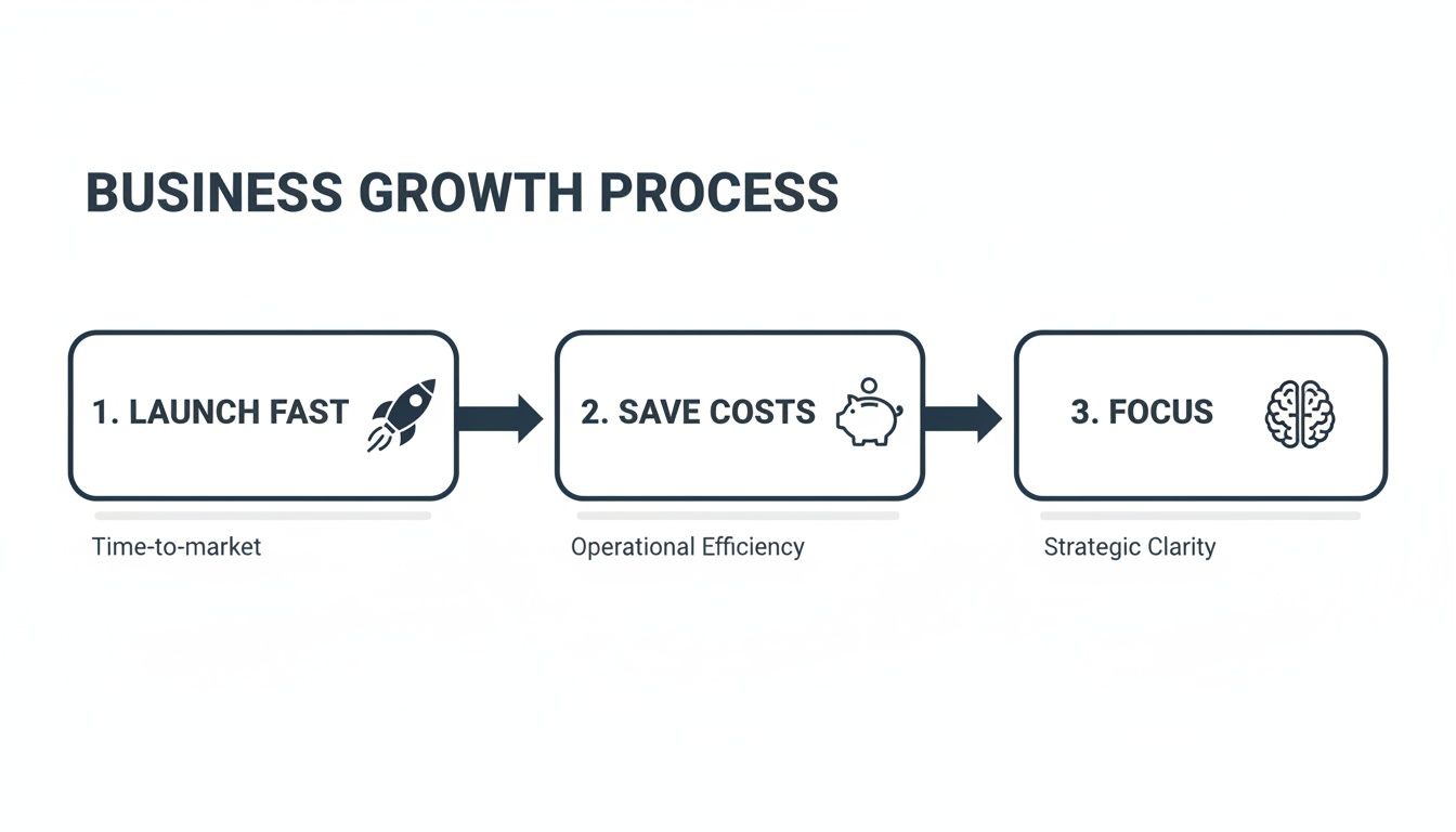 A business growth process diagram showing three steps: launch fast, save costs, and focus for strategic clarity.