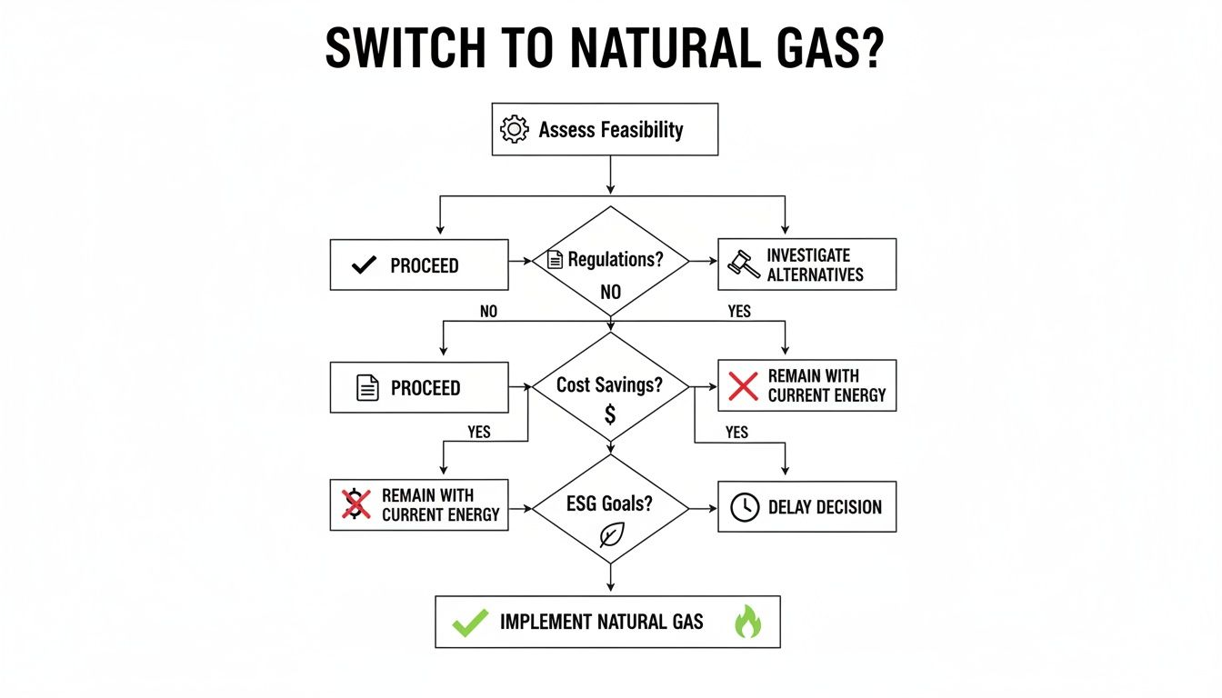 Decision flowchart for switching to natural gas, assessing feasibility, regulations, cost savings, and ESG goals.