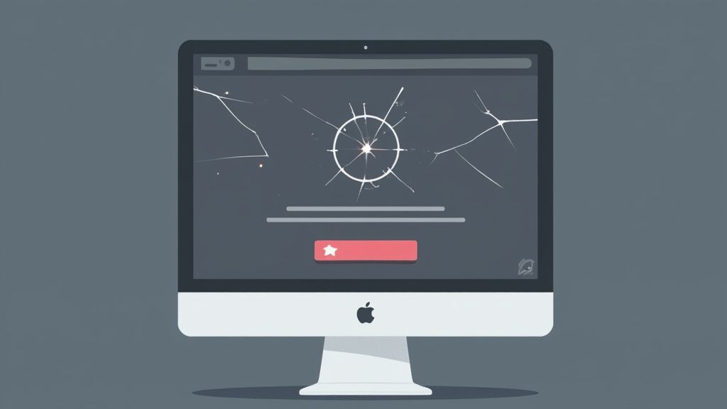 A stylized Apple iMac computer with a broken screen displaying a damaged web browser interface.