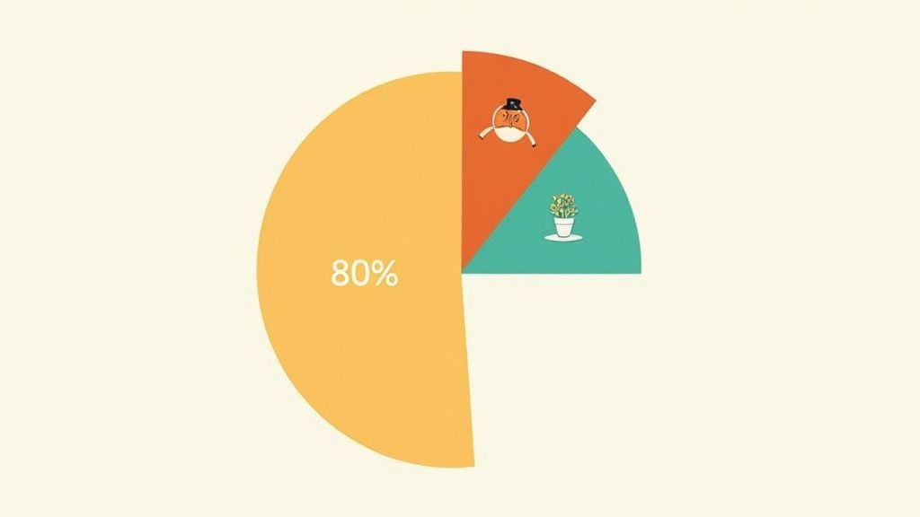 A colorful pie chart illustrating budget allocation, with an 80% segment, a character, and a plant icon.