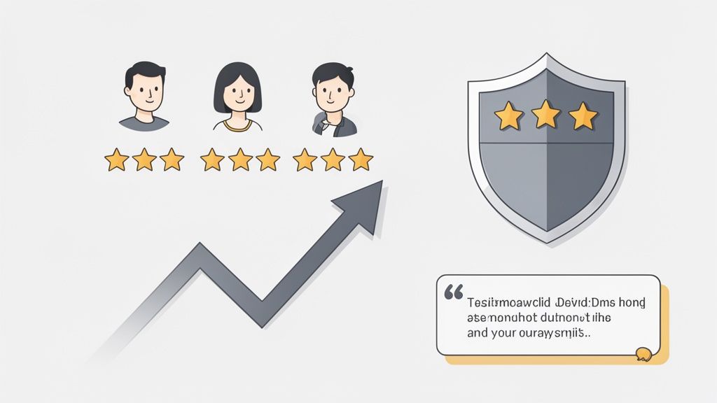 Illustration with customer ratings, upward trend, protection shield, and testimonial bubble.