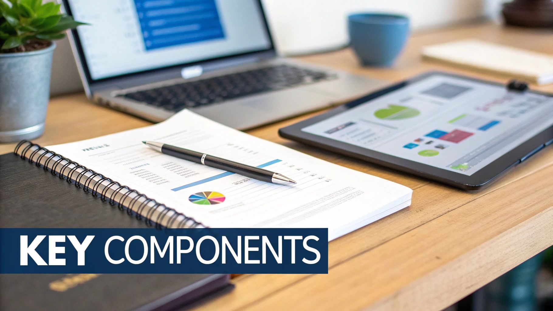 A person thoughtfully writing a creative brief at a desk with a laptop and coffee.