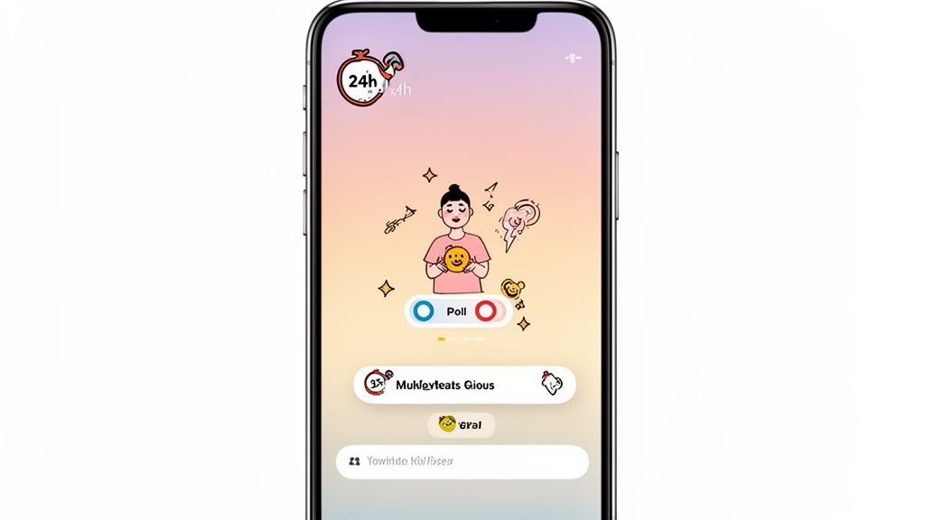 A smartphone screen shows a social media app interface with a cartoon, a poll, and text fields.