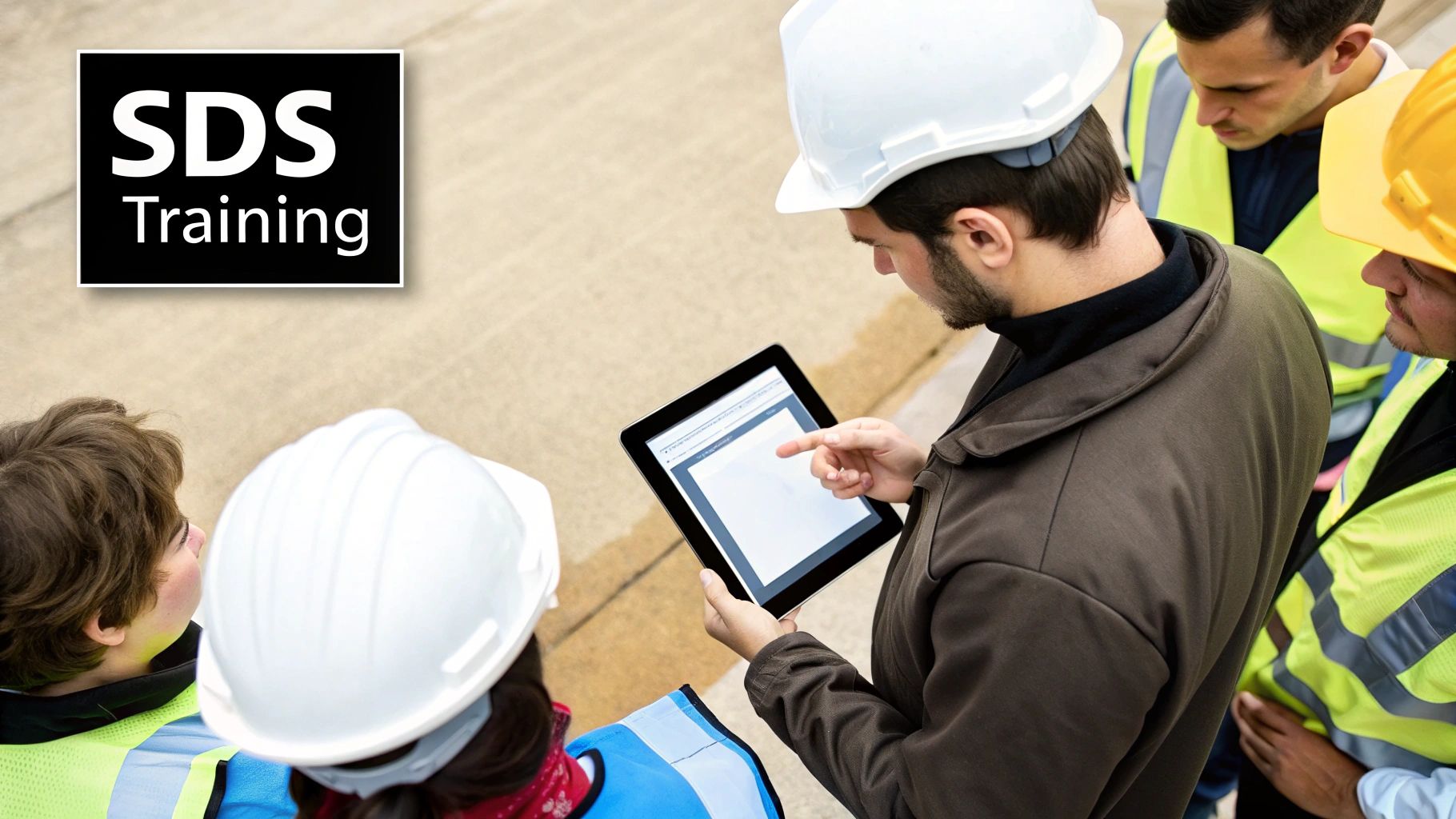 A team of industrial workers in a training session, looking at a large screen displaying an SDS document.