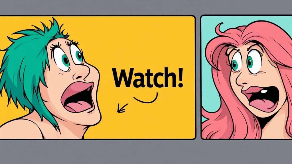 Two cartoon women with wide eyes and open mouths look surprised, with 'Watch!' text between them.