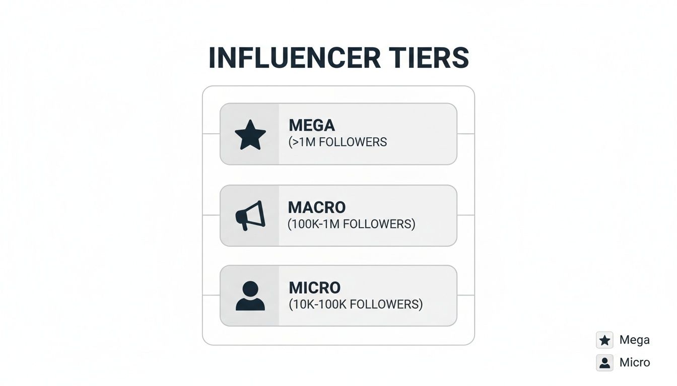 An infographic showing three influencer tiers: Mega, Macro, and Micro, with their respective follower counts.