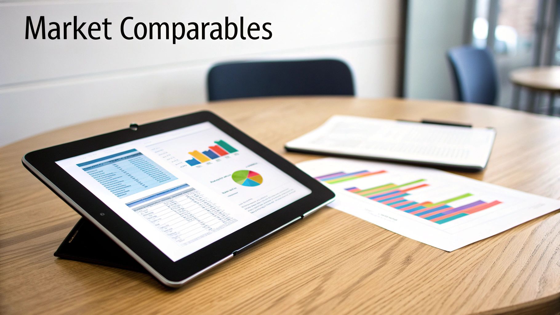 A tablet and printed documents displaying various financial graphs and data on a wooden table, titled Market Comparables.