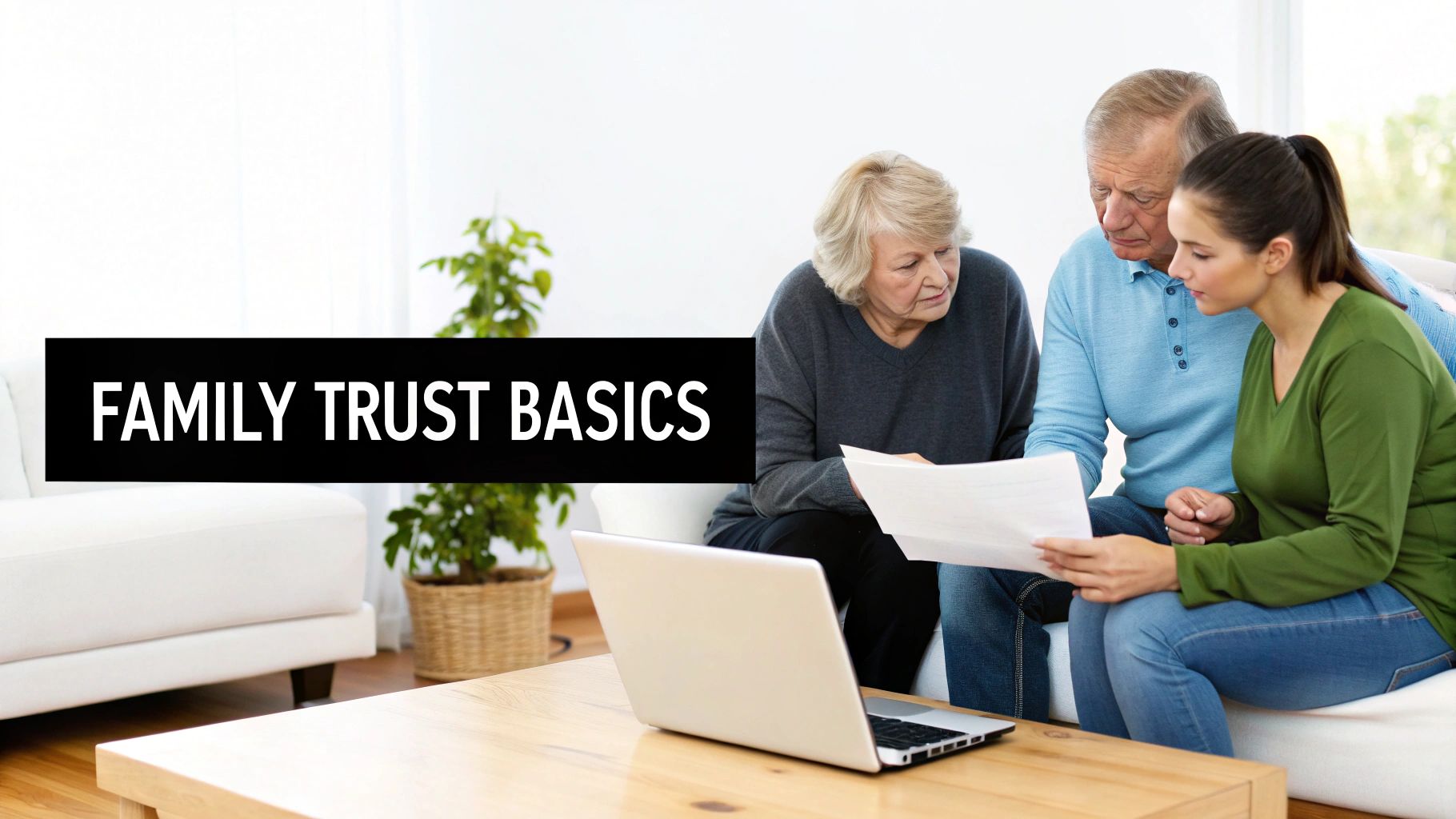 Three people, two older adults and a younger woman, discuss family trust documents in a modern living room.