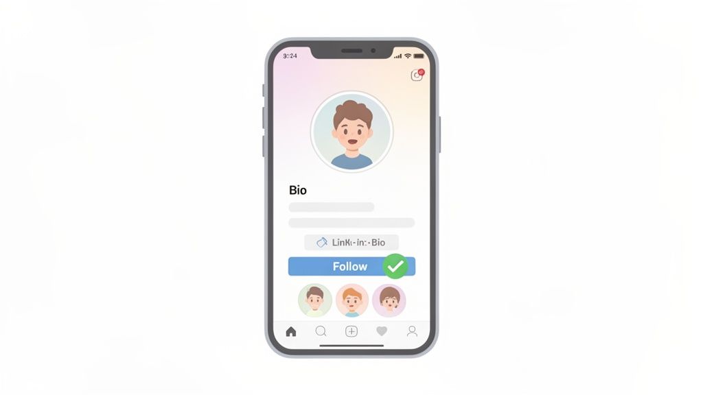 A smartphone screen displaying a social media profile with a prominent 'Follow' button and profile picture.