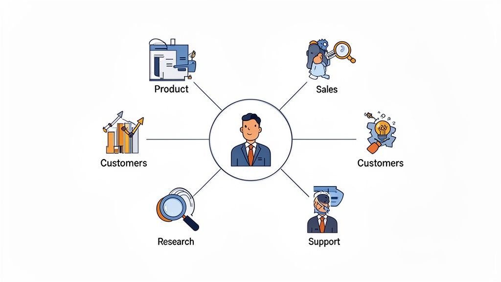 Diagram showing a central business person connected to product, sales, customer, support, and research functions.