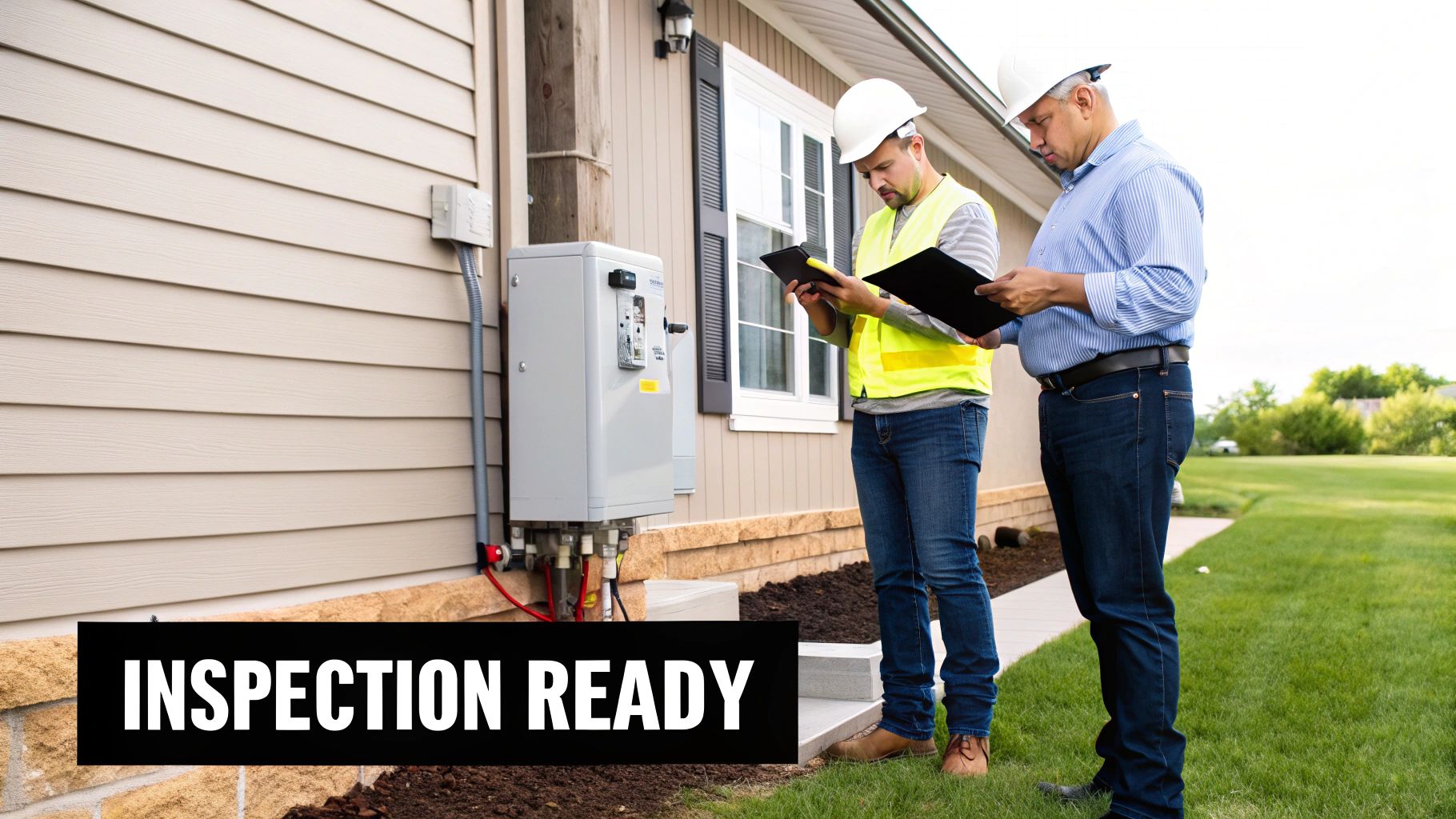 Two men, one in a hard hat, inspecting a residential utility box outside a house.