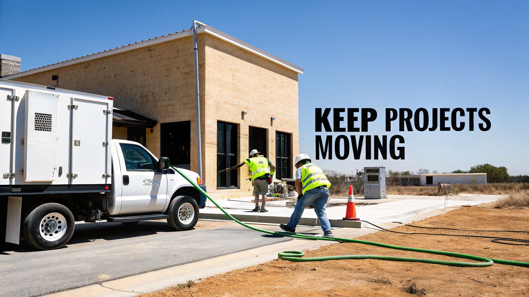 Two workers in safety gear at a construction site with a white utility truck, handling equipment.