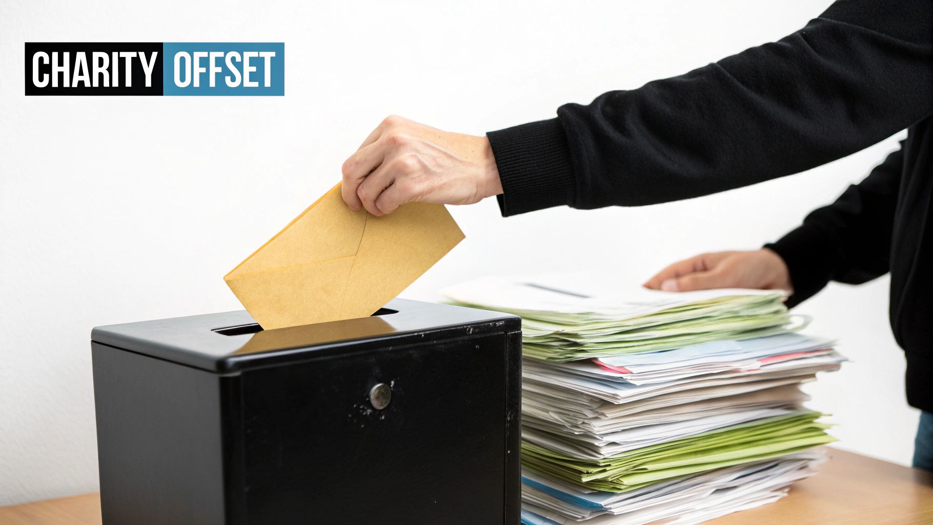 A hand places a brown envelope into a black donation box, with a large stack of documents nearby.