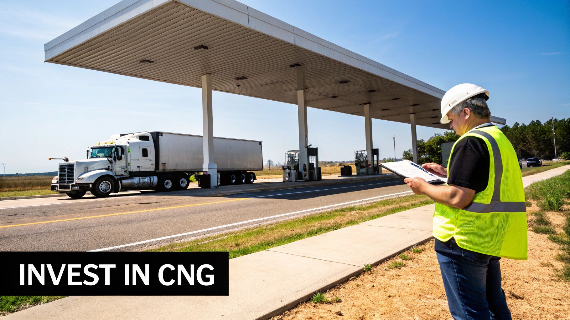 Man in a hard hat inspecting a natural gas fueling station with a large semi-truck.