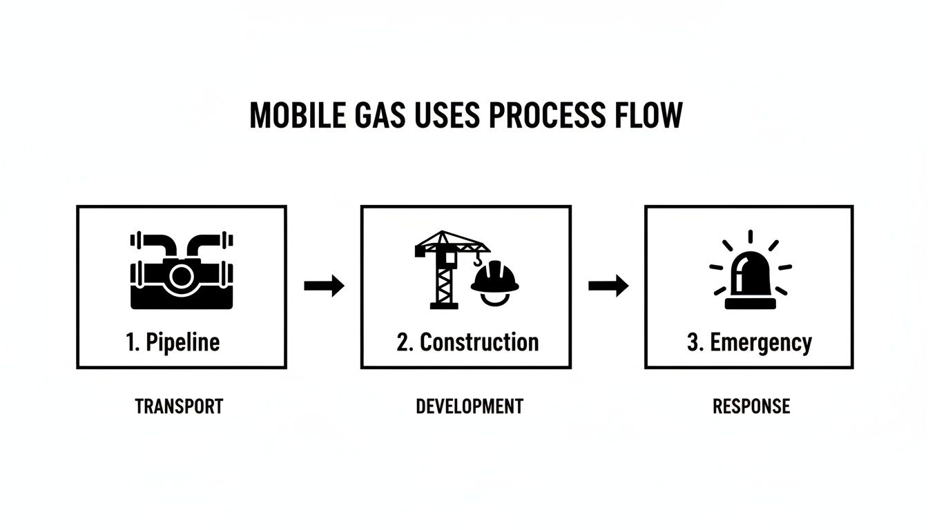 A process flow diagram illustrating mobile gas uses for pipeline transport, construction development, and emergency response.