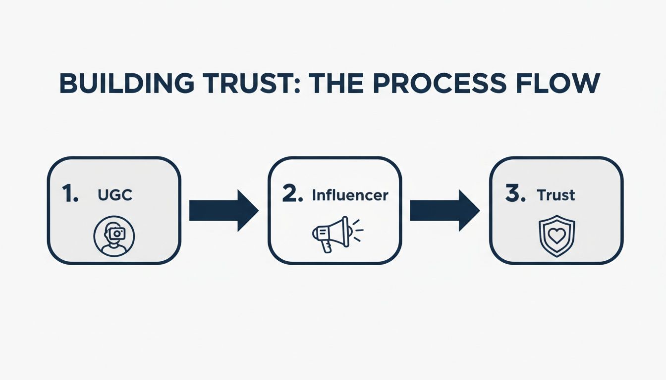 A flow chart illustrating how user-generated content and influencers build trust in a process.