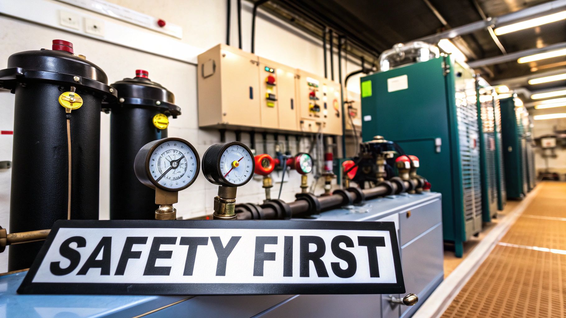 Safety helmet and protective glasses resting on industrial methane gas compression equipment.