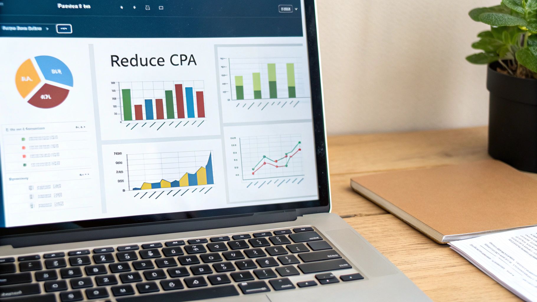 A person working on a laptop with charts and graphs showing business growth, illustrating the process of lowering cost per acquisition.