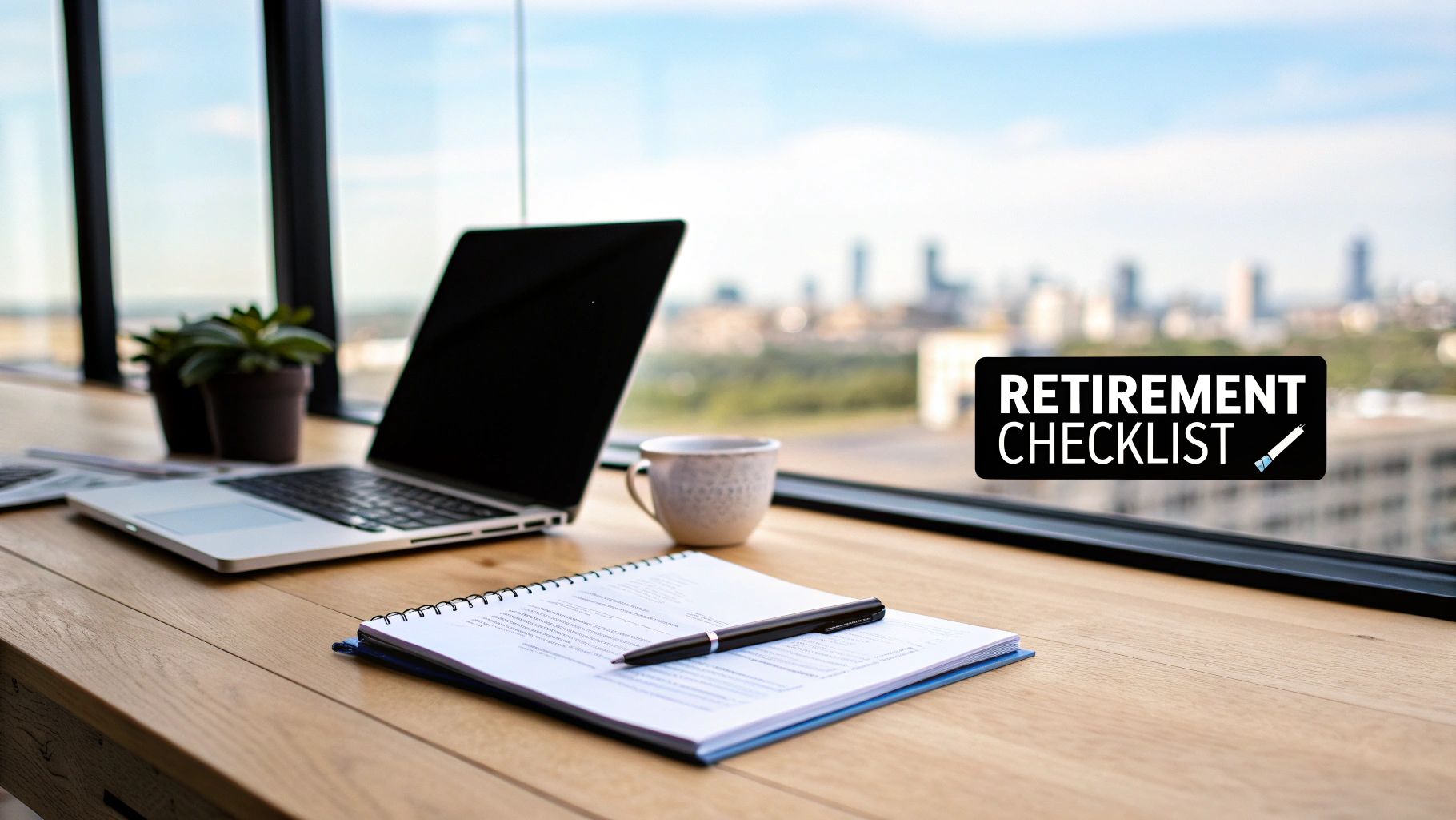 A person reviewing a financial checklist at a desk with Columbus, Ohio skyline in the background.