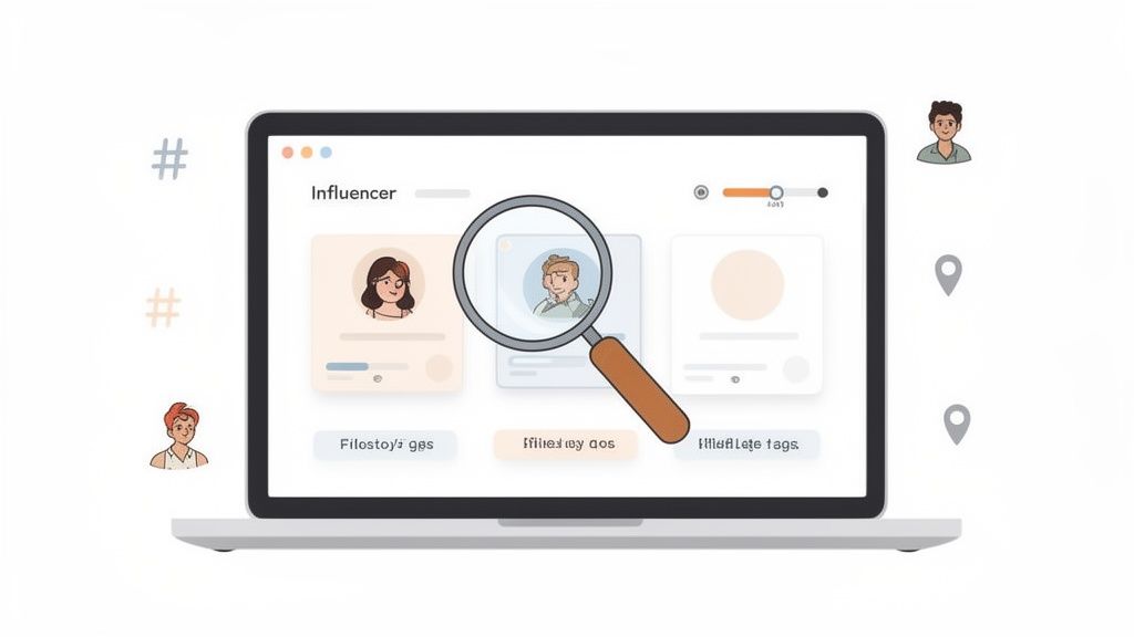 A laptop screen displays an influencer search interface with profiles, a magnifying glass, hashtags, and location pins.