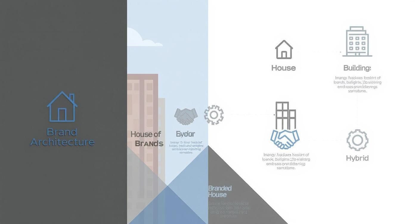 A presentation slide illustrating brand architecture models like House, Building, and Hybrid using icons and text.
