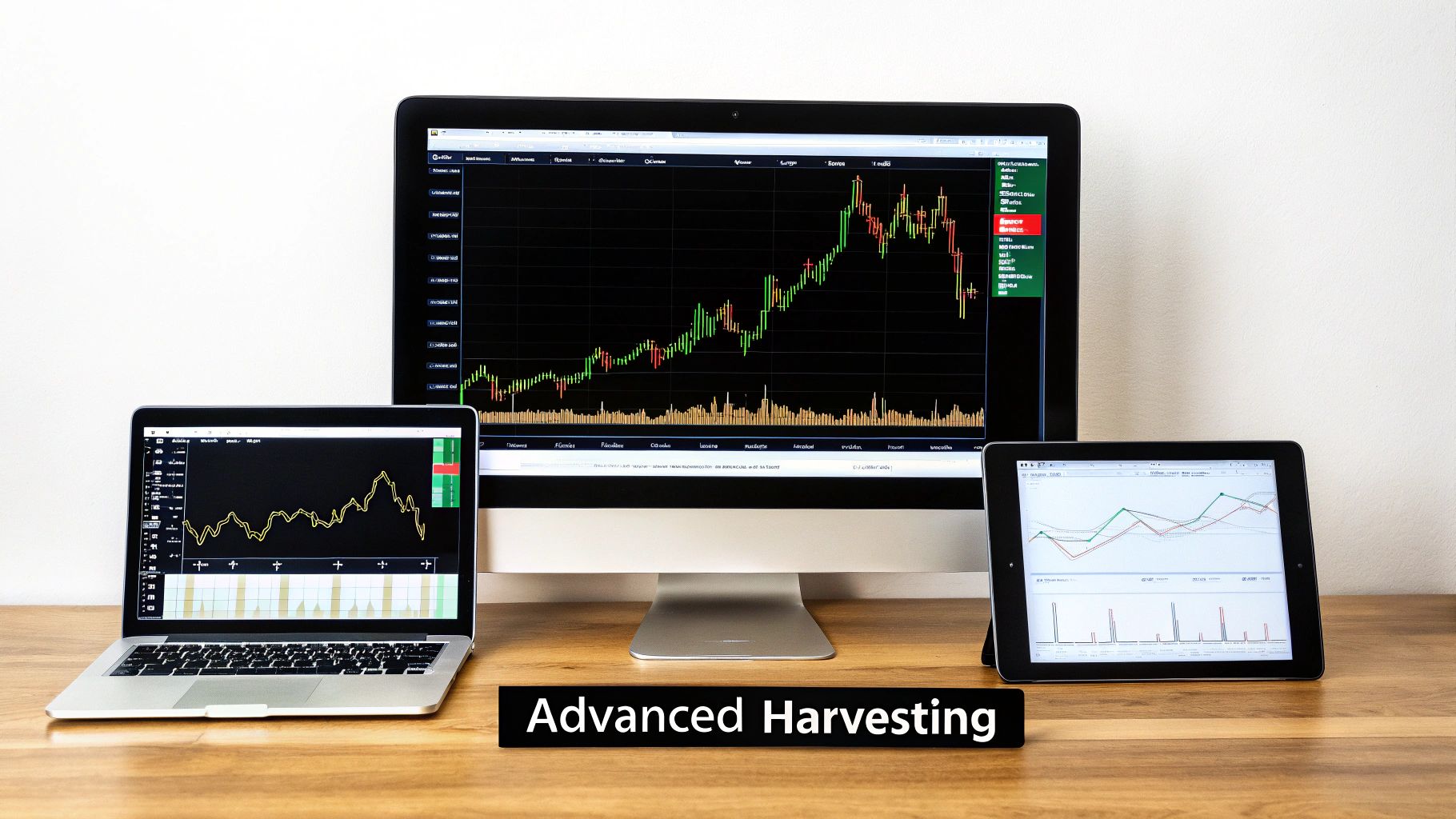Multiple computer screens, a laptop, and a tablet displaying complex financial charts and stock market data.