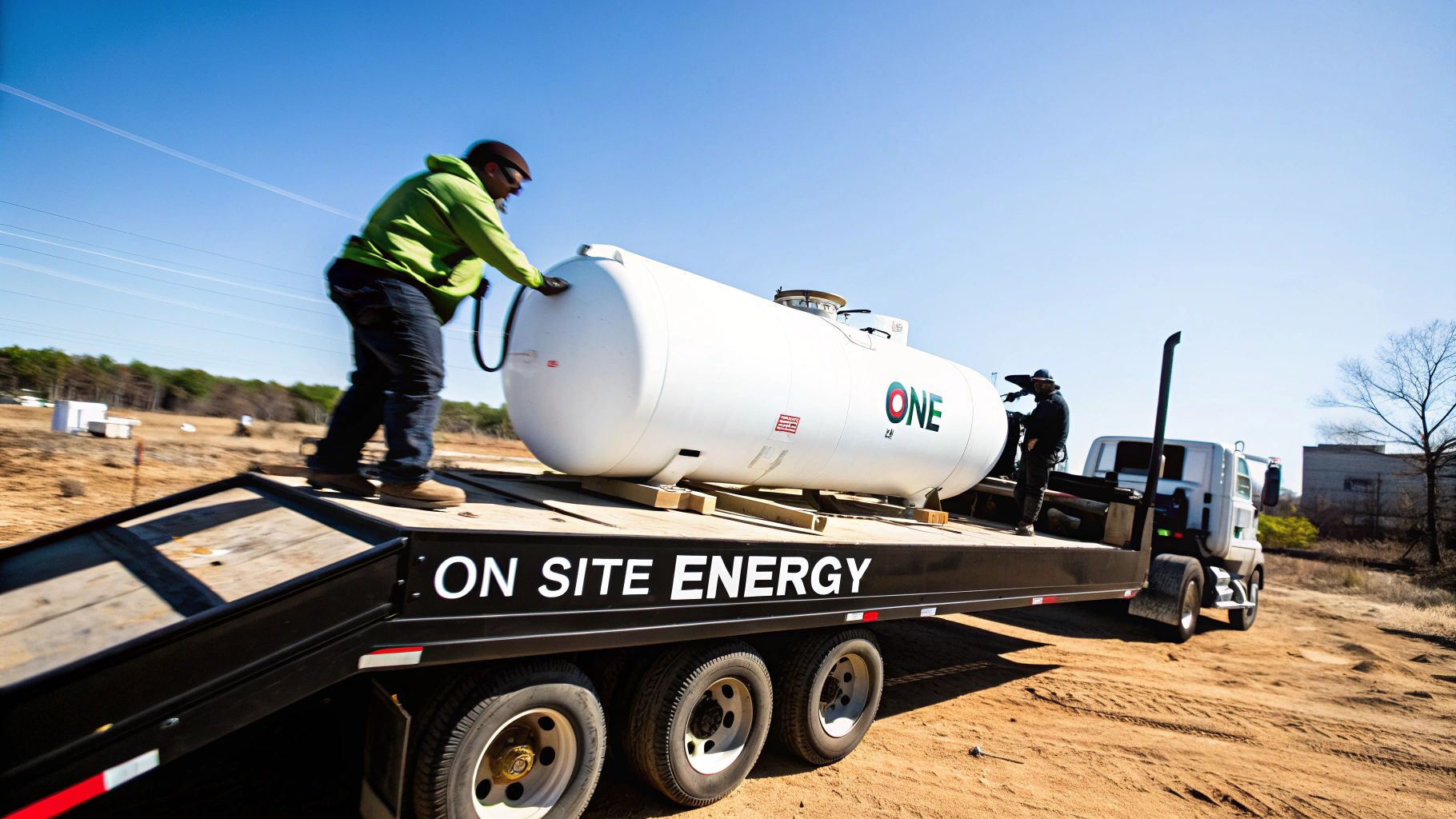 A large portable CNG tank unit on a truck trailer, ready for transport.