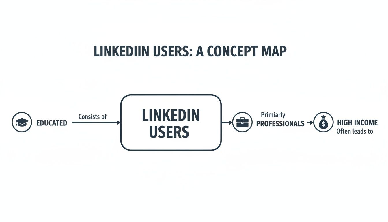 Concept map illustrating LinkedIn users are educated, primarily professionals, often leading to high income.