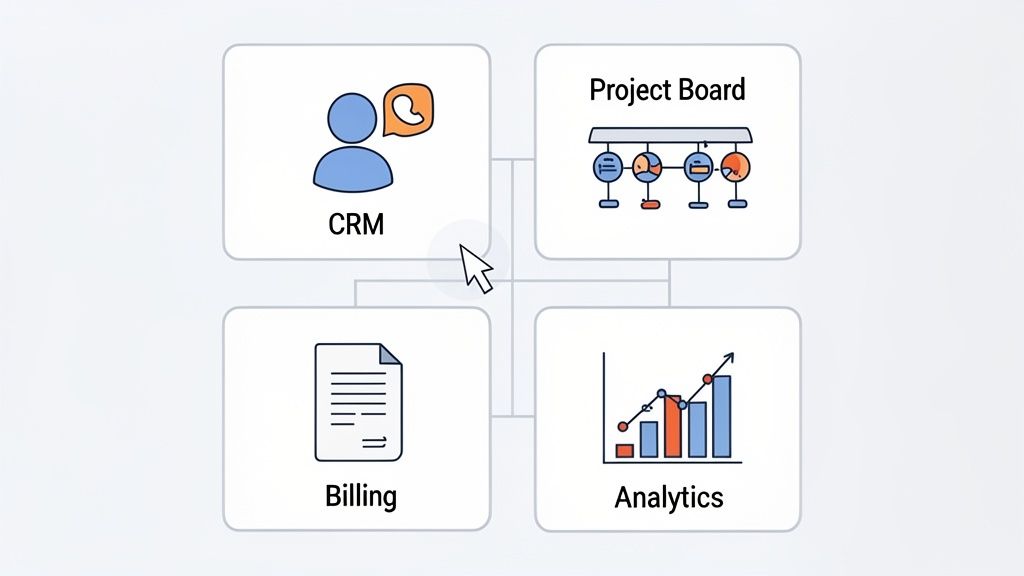 A diagram illustrating four interconnected business software modules: CRM, Project Board, Billing, and Analytics.