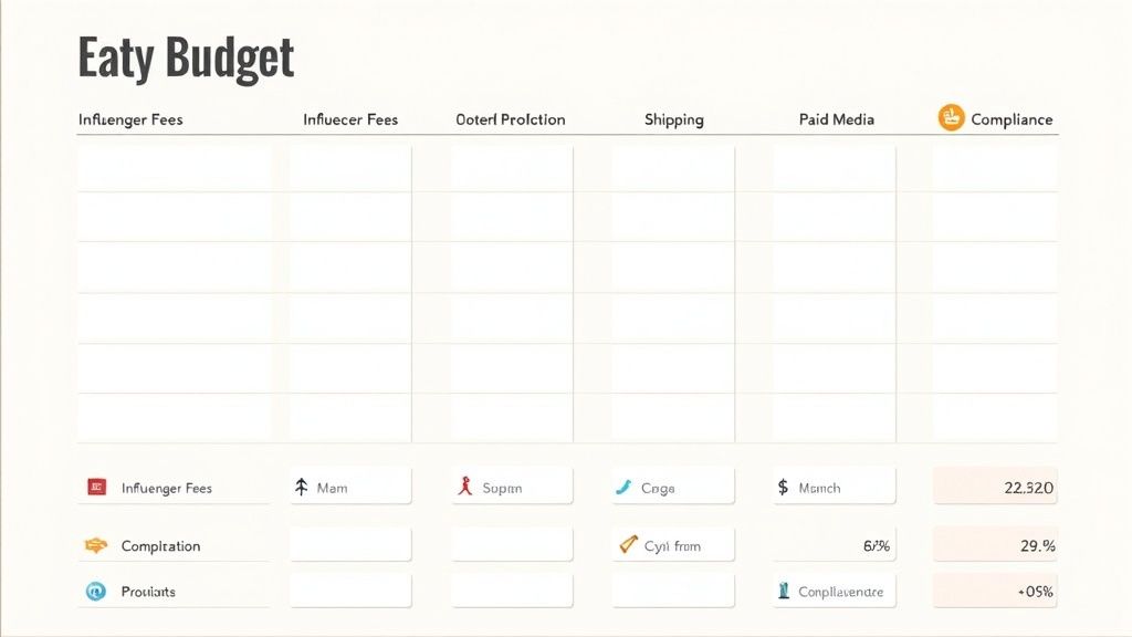 A spreadsheet titled 'Eaty Budget' showing columns for influencer fees, shipping, paid media, and compliance, with summary metrics below.