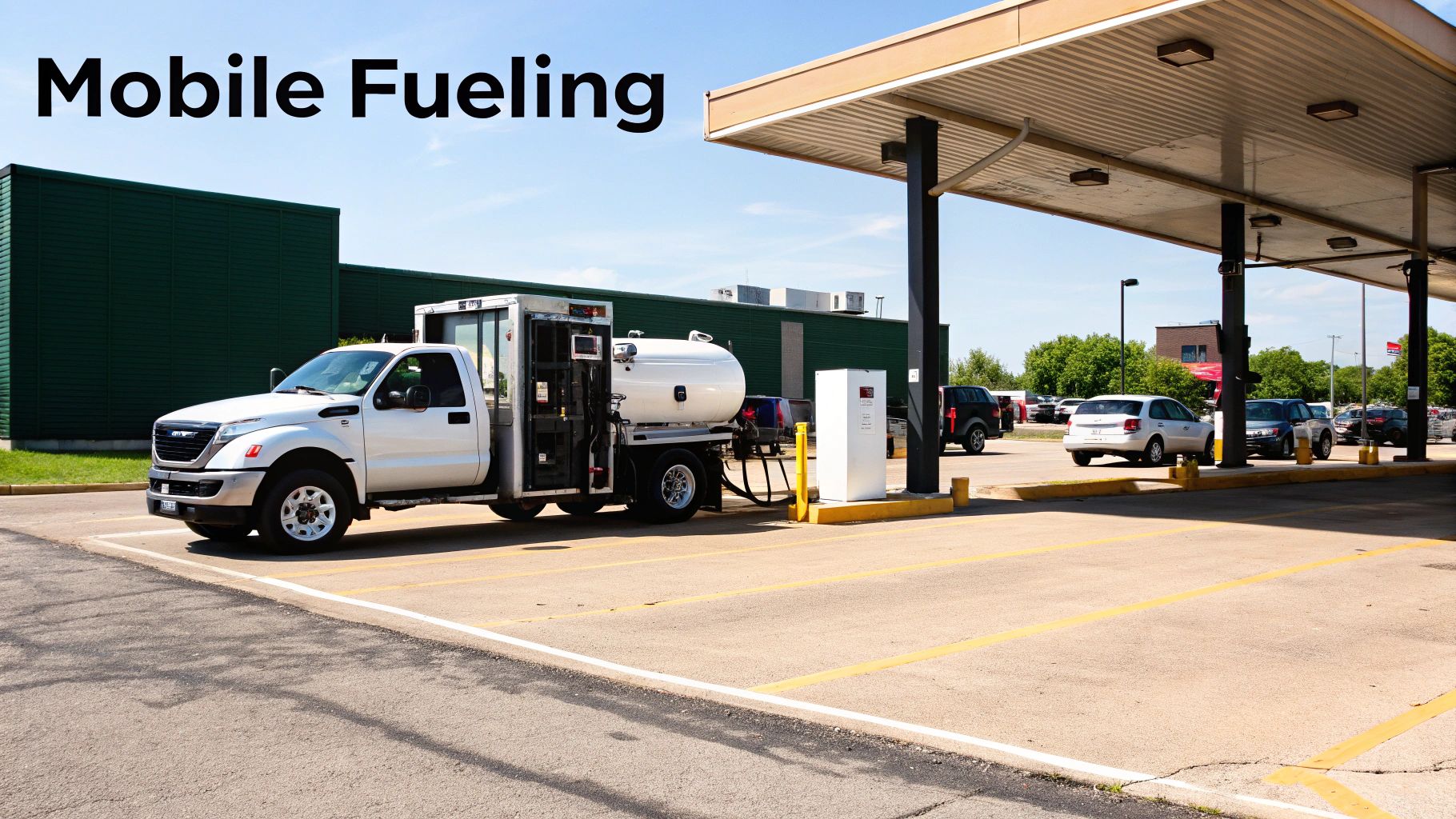 White mobile fueling truck with cylindrical tank at gas station canopy dispensing fuel