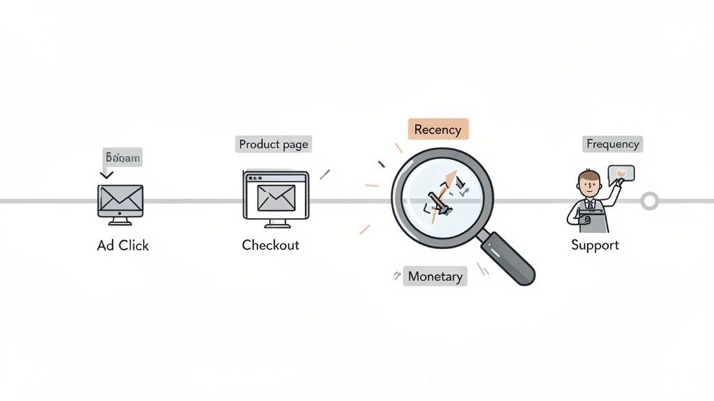Customer journey diagram illustrating steps from ad click and checkout to RFM analysis and support.