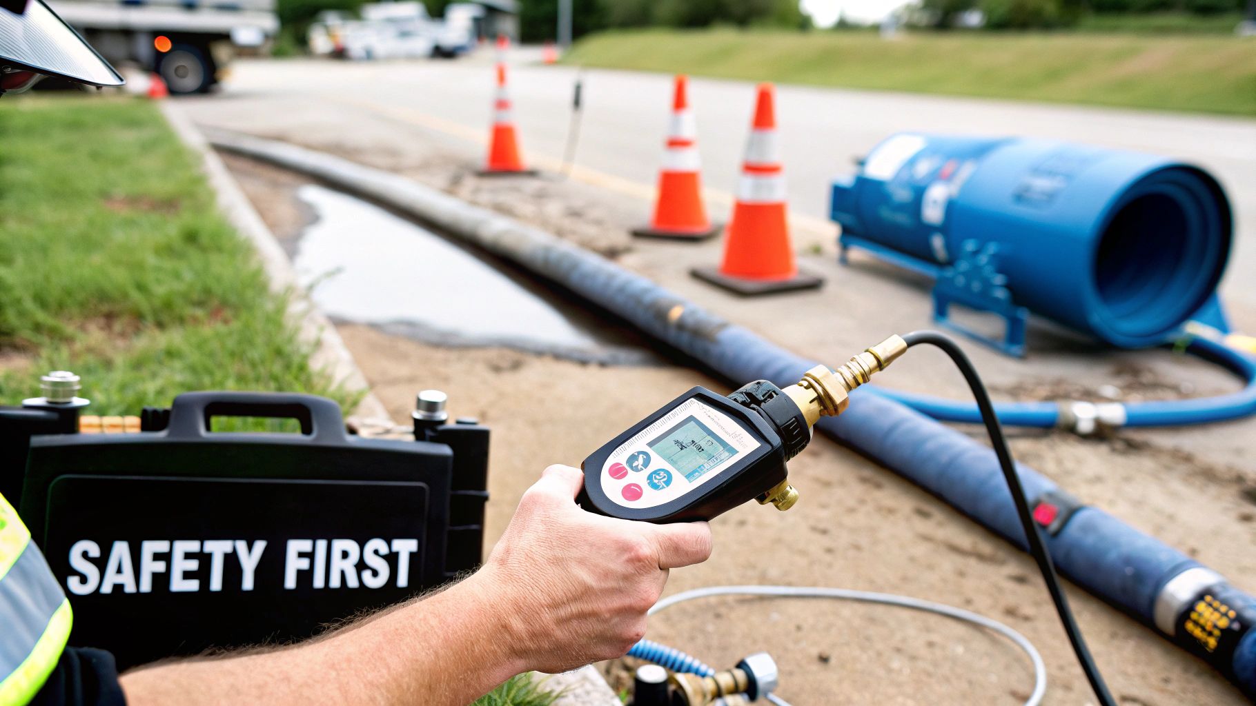A technician in full safety gear performing a pre-operation check on a pipe line truck's connection points.