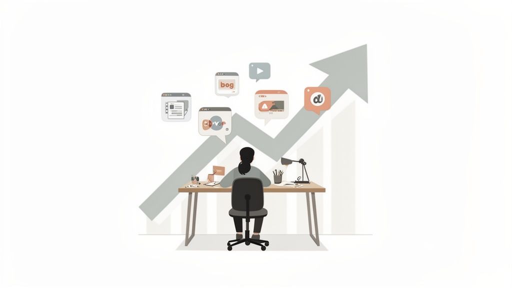 Illustration of a person working at a desk, surrounded by digital content icons and an upward growth arrow.
