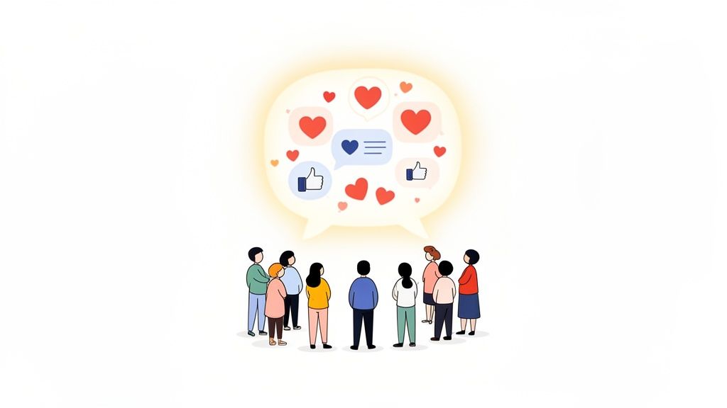 Diverse group observing a glowing speech bubble displaying social media likes, hearts, and comments.