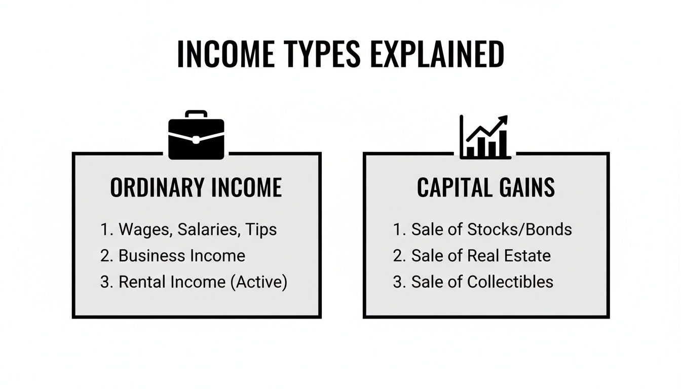 A clear diagram explaining ordinary income and capital gains with their respective examples.