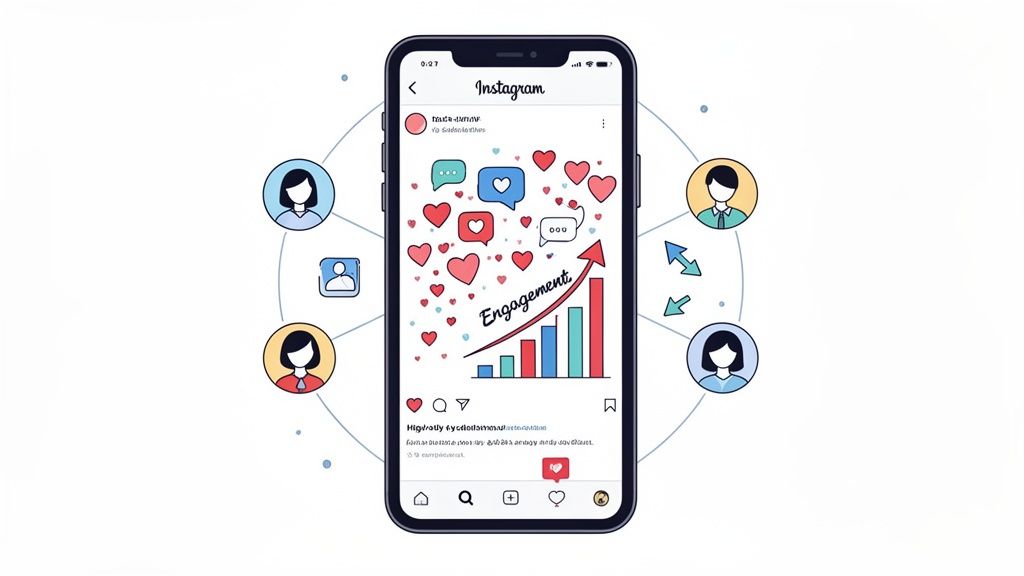 A smartphone displays an Instagram feed with a rising engagement graph and social connections.