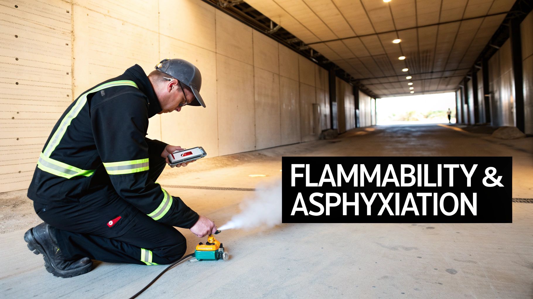 Workers wearing safety gear reviewing a natural gas SDS document on a tablet at a worksite, with pipes and industrial equipment in the background.